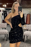 One Shoulder Long Sleeve Regency Short Prom Dress Sparkly Sequins Homecoming Dresses Cocktail Dresses #TKL090|Selinadress