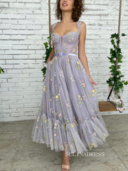 A-line Tea Length Dresses Violet Blooms Terrace Dress TUN002|Selinadress