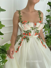 A-line Ivory Floral Long Prom Dresses Gown With Side pockets TUN004|Selinadress