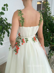 A-line Ivory Floral Long Prom Dresses Gown With Side pockets TUN004|Selinadress