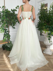 A-line Ivory Floral Long Prom Dresses Gown With Side pockets TUN004|Selinadress