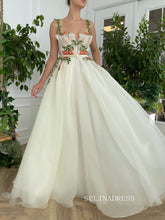 A-line Ivory Floral Long Prom Dresses Gown With Side pockets TUN004|Selinadress