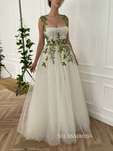 A-line Foor Length White Tulle Gown Long Prom Dress With Green Leaves TUN005|Selinadress