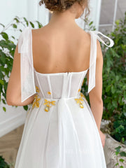 White Straps Tea Length Prom Dresses Gown With Gold Floral Placket TUN007|Selinadress