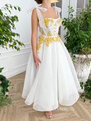 White Straps Tea Length Prom Dresses Gown With Gold Floral Placket TUN007|Selinadress