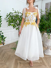 White Straps Tea Length Prom Dresses Gown With Gold Floral Placket TUN007|Selinadress