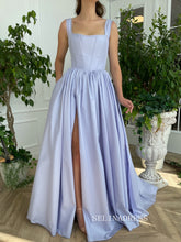A-line Square neckline Prom Dress Periwinkle Skies Corset Gown With Slit TUN008|Selinadress