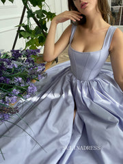 A-line Square neckline Prom Dress Periwinkle Skies Corset Gown With Slit TUN008|Selinadress