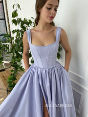 A-line Square neckline Prom Dress Periwinkle Skies Corset Gown With Slit TUN008|Selinadress