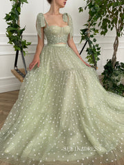 A-line Foor Length Green Ruffle Gown Long Prom Dress With Side pockets TUN010|Selinadress