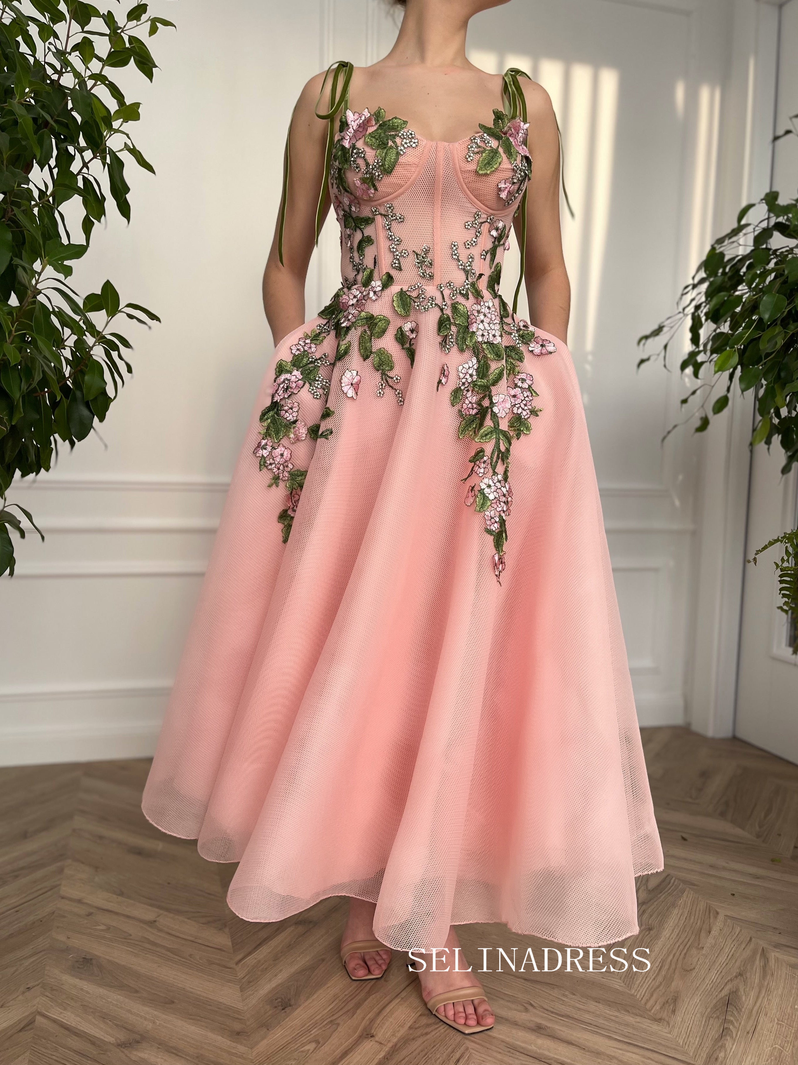 A-line Tea Length Pink Garden Dress Short Prom Dress With Side pockets TUN011|Selinadress
