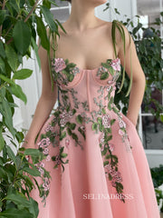 A-line Tea Length Pink Garden Dress Short Prom Dress With Side pockets TUN011|Selinadress
