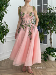 A-line Tea Length Pink Garden Dress Short Prom Dress With Side pockets TUN011|Selinadress