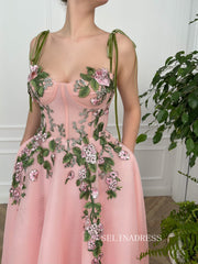 A-line Tea Length Pink Garden Dress Short Prom Dress With Side pockets TUN011|Selinadress
