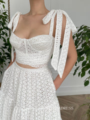 Two Pieces White Calla Lily Bloom Gown A-line Floor-length Prom Dresses TUN013|Selinadress