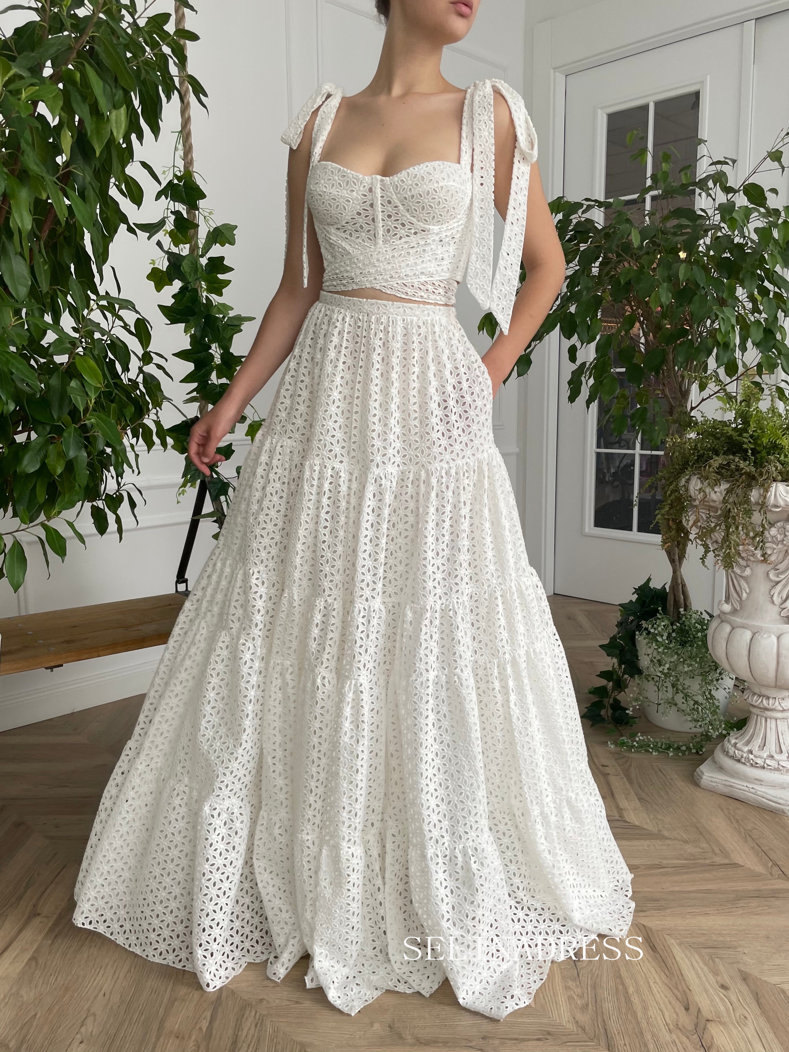 Two Pieces White Calla Lily Bloom Gown A-line Floor-length Prom Dresses TUN013|Selinadress