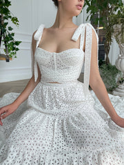 Two Pieces White Calla Lily Bloom Gown A-line Floor-length Prom Dresses TUN013|Selinadress