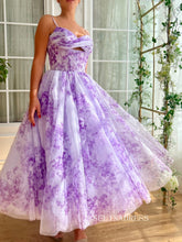 Lavender A-line Midi Dress Floral Prom Dresses TUN016|Selinadress