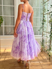 Lavender A-line Midi Dress Floral Prom Dresses TUN016|Selinadress