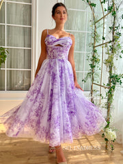 Lavender A-line Midi Dress Floral Prom Dresses TUN016|Selinadress