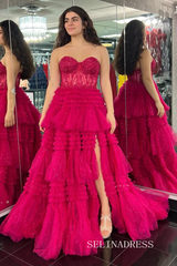 Tulle layered Sweetheart Tiered A-Line Long Prom Dress with Ruffles lpk810|Selinadress