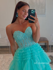 Tulle layered Sweetheart Tiered A-Line Long Prom Dress with Ruffles lpk810|Selinadress