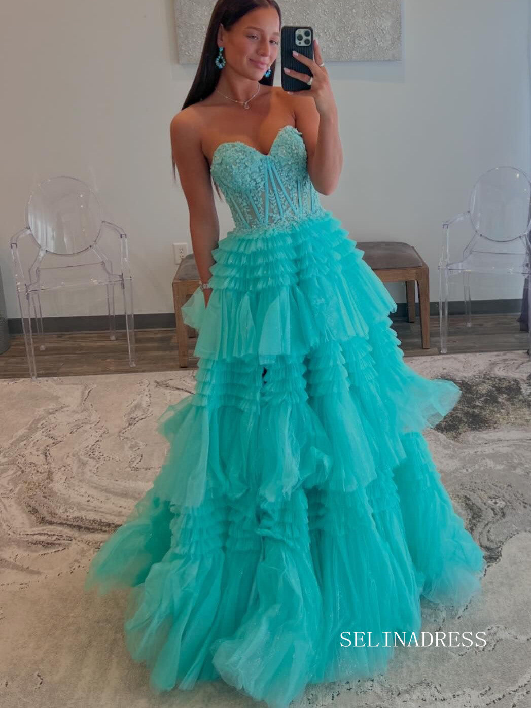 Tulle layered Sweetheart Tiered A-Line Long Prom Dress with Ruffles lpk810|Selinadress