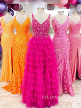 V neck A-line Beaded Ruffles Magenta Long Prom Dress lpk907|Selinadress