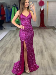 Chic Sheath/Column V neck Prom Dresses Sparkly Long Evening Dress Sequins Formal Dresses TKL093|Selinadress