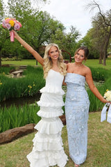 Mermaid White Satin Strapless Ruffle Tiered Party Prom Dress lck020