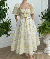 Yellow Midi Dress With Embroidery Floral Prom Dresses 2023 Beautiful Evening Gowns #LPO005|Selinadress