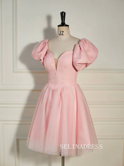 A-line Balloon Sleeves Pink Short Party Dress with Dot SEA004|Selinadress