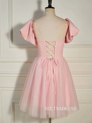 A-line Balloon Sleeves Pink Short Party Dress with Dot SEA004|Selinadress