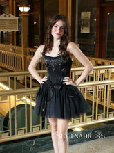A-line Black Strapless Short Homecoming Dresses Beaded Hoco Dresses #TKL3805|Selinadress