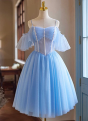 A-line Blue Off Shoulder Beaded Homecoming Dress Prom Dress Cocktail Dress #TKL2111|Selinadress
