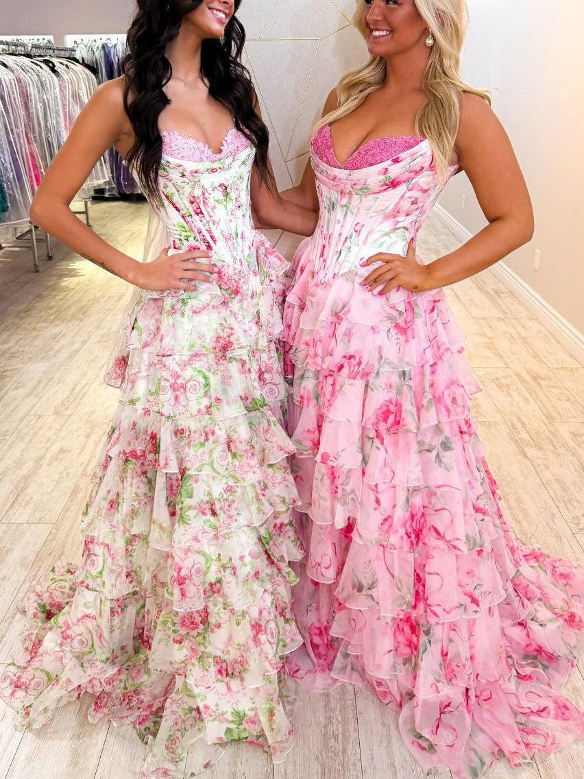 A-Line Blush Sweetheart Floral Ruffled Prom Dress With Slit SEA053|Selinadress