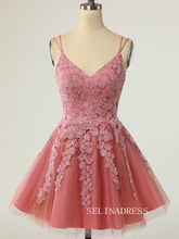 A-Line Double Straps Short Homecoming Dress with Appliques SEA013|Selinadress