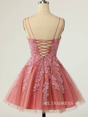 A-Line Double Straps Short Homecoming Dress with Appliques SEA013|Selinadress