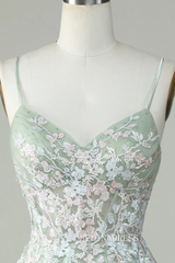 A-line Dusty Sage Homecoming Dresses Hoco Dress Spaghetti Straps Applique Cocktail Dress #TKL2356|Selinadress