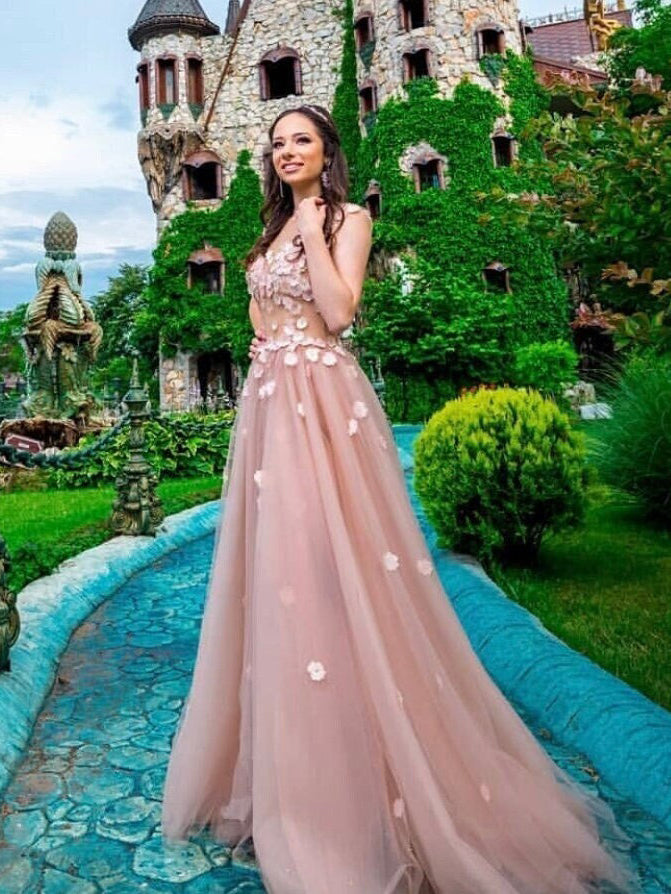 A-line Fairytale Pink Floral Wedding Dress With Flowers Unique Tulle Bridal gowns KTS007|Selinadress