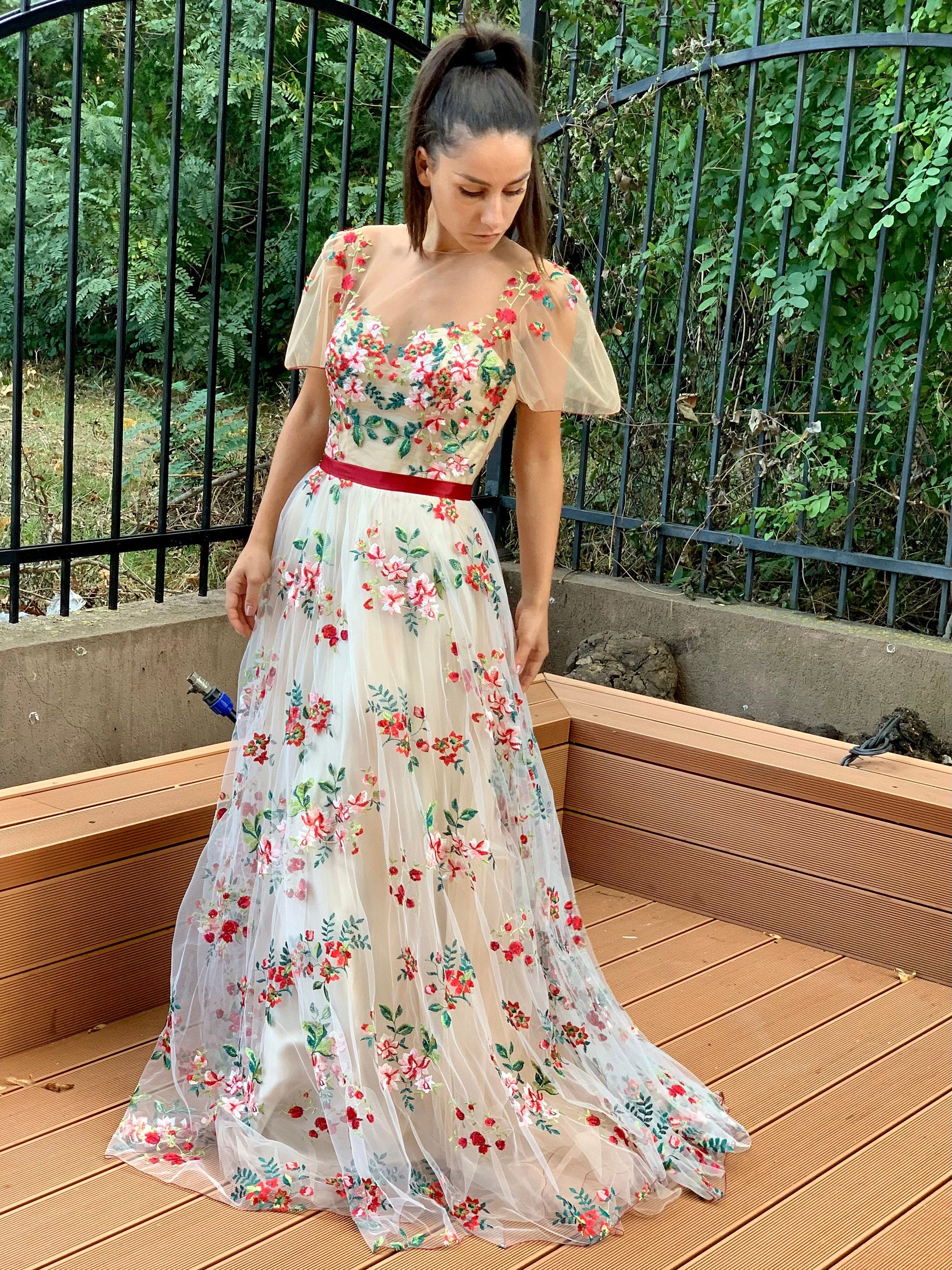 A-line Flower Wedding Dress With Sleeves Unique Colourful Tulle Bridal Gown KTS008|Selinadress