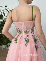 A-line Foor Length Pink Whimsical Gown Long Prom Dress With Side pockets TUN012|Selinadress