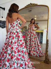 A-line Halter Deep V neck Red Rose Prom Dresses With High Slit Elegant Evening Dresses SEA312|Selinadress