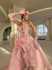 A-line Halter Pink Lace Long Prom Dress Evening Dress TKL623|Selinadress