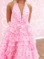 A-line Halter Pink Print Long Prom Dress Ruffles Evening Dresses SEW1211|Selinadress