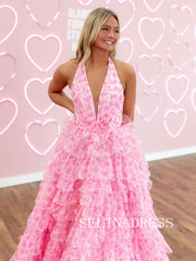 A-line Halter Pink Print Long Prom Dress Ruffles Evening Dresses SEW1211|Selinadress