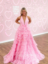 A-line Halter Pink Print Long Prom Dress Ruffles Evening Dresses SEW1211|Selinadress