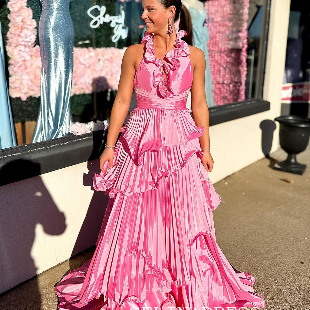 Pink A-Line Ruffles Layers Long Prom Dress Wedding Guest Dress,DP1249 main image 1