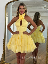 A-line Halter Tiered Short Prom Dress Yellow Homecoming Dress #SEA251|Selinadress