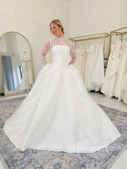 A-line High Neck Lace Wedding Dresses With Long Sleeve Bridal Gowns CBA004|Selinadress